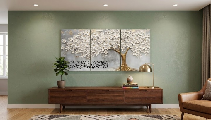 3-Piece Islamic Calligraphy Golden Tree & White Flowers Wall Art (8x11 inch)
